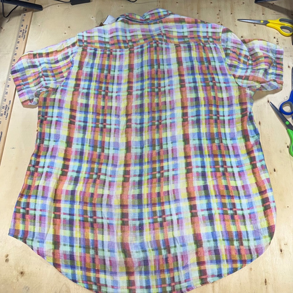 Robert Graham Mens XL Linen Plaid Short Sleeve Button Down Shirt Gold Embroidery - Picture 6 of 6